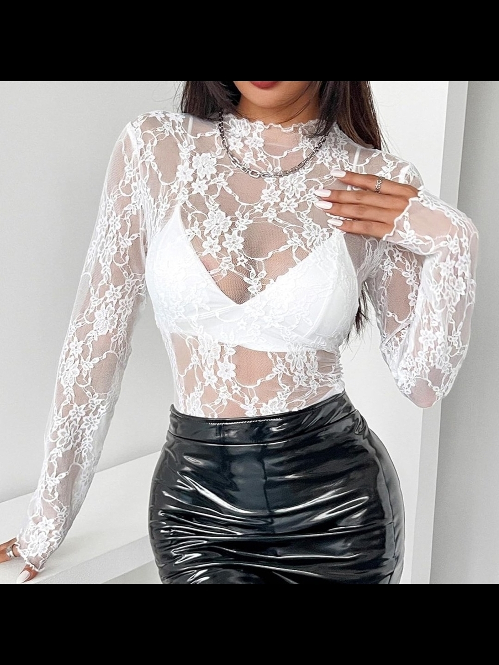 Sheer Floral Lace Long-Sleeve Top - White - Picture 1 of 2